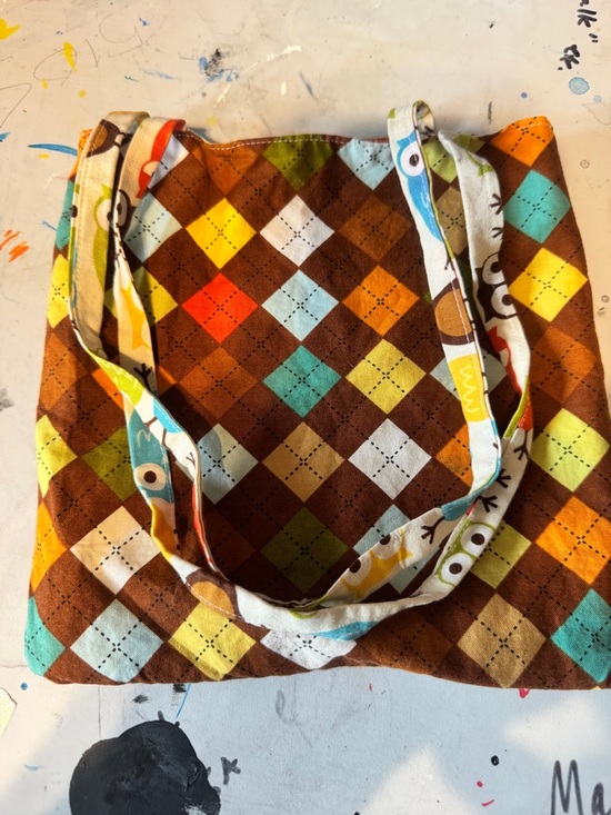 Handbags - Handmade Reversible Art Tote Project Bag Owl & Argyle